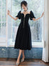 Black Velvet Tea Length Short Sleeves Wedding Party Dress, Black Velvet Homecoming Dress